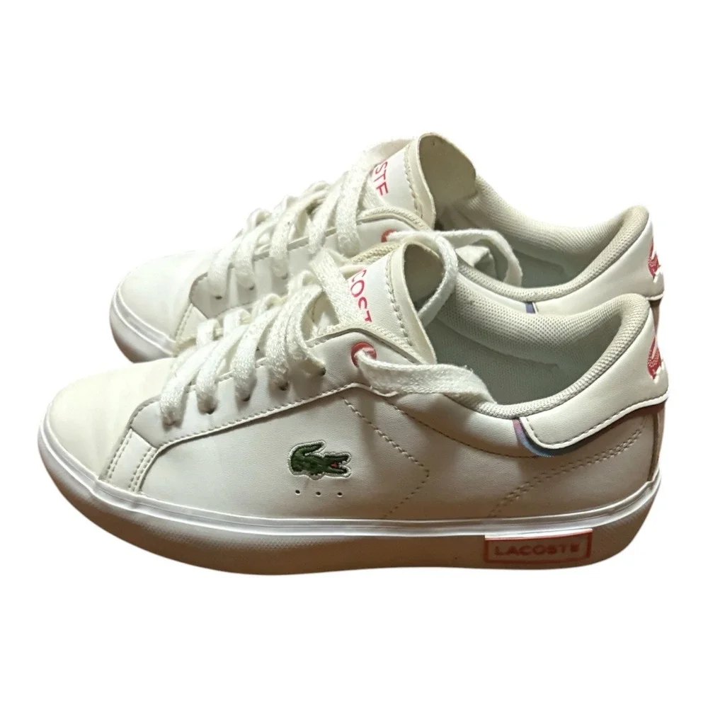 Lacoste Powercourt 0722 2‎ Kids White Pink Leather Sneakers Size 3 USA 34.5 EUR